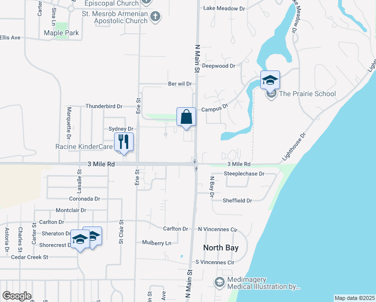 map of restaurants, bars, coffee shops, grocery stores, and more near 420 3 Mile Road in Racine