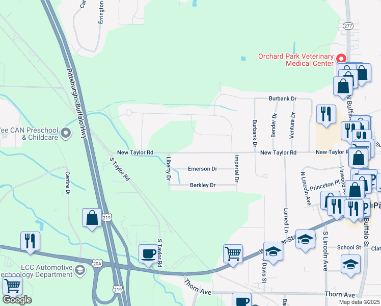 map of restaurants, bars, coffee shops, grocery stores, and more near 6066 New Taylor Road in Orchard Park