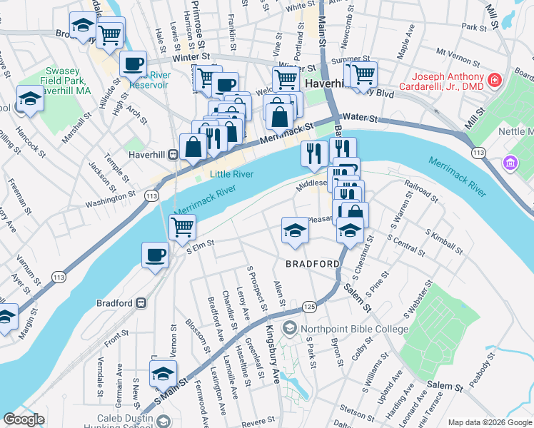 map of restaurants, bars, coffee shops, grocery stores, and more near 94 Middlesex Street in Haverhill