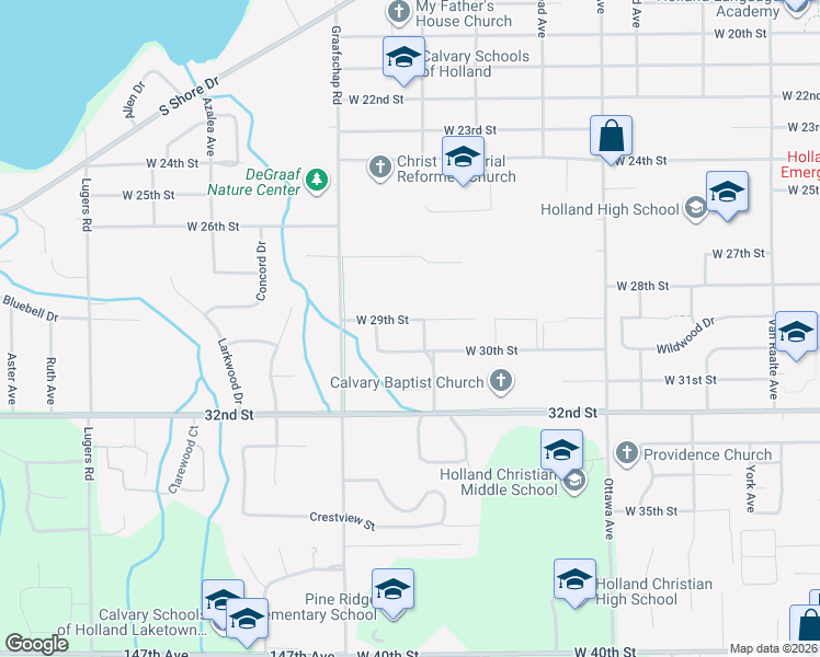 map of restaurants, bars, coffee shops, grocery stores, and more near 608 West 29th Street in Holland