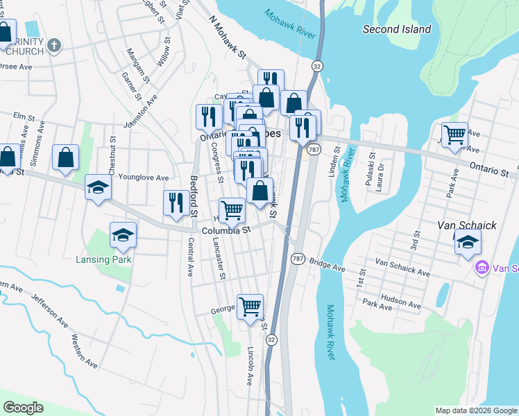 map of restaurants, bars, coffee shops, grocery stores, and more near 88 Howard Street in Cohoes