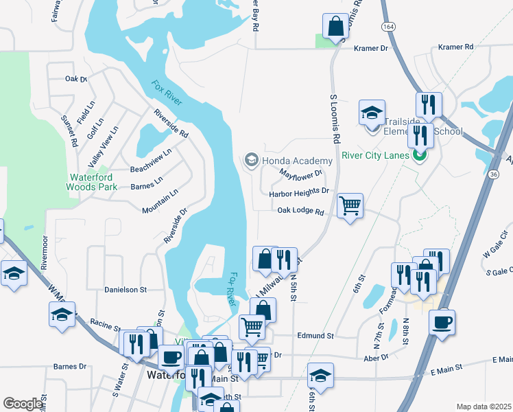 map of restaurants, bars, coffee shops, grocery stores, and more near 400 Oak Lodge Road in Waterford
