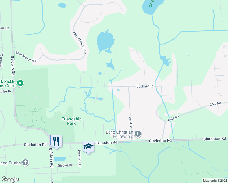 map of restaurants, bars, coffee shops, grocery stores, and more near 3019 Buckner Road in Orion charter Township