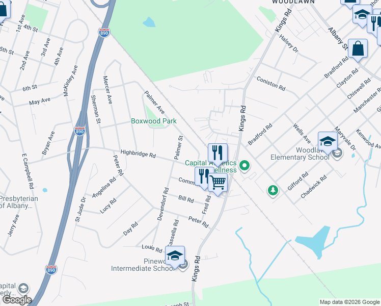 map of restaurants, bars, coffee shops, grocery stores, and more near 117 East Palmer Avenue in Schenectady