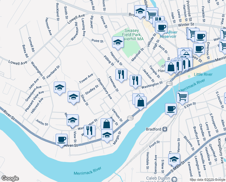 map of restaurants, bars, coffee shops, grocery stores, and more near 3 Proctor Street in Haverhill