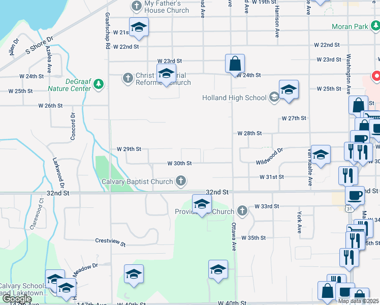 map of restaurants, bars, coffee shops, grocery stores, and more near 505 West 30th Street in Holland