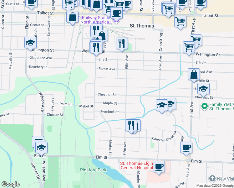 map of restaurants, bars, coffee shops, grocery stores, and more near 46 Chestnut Street in Saint Thomas