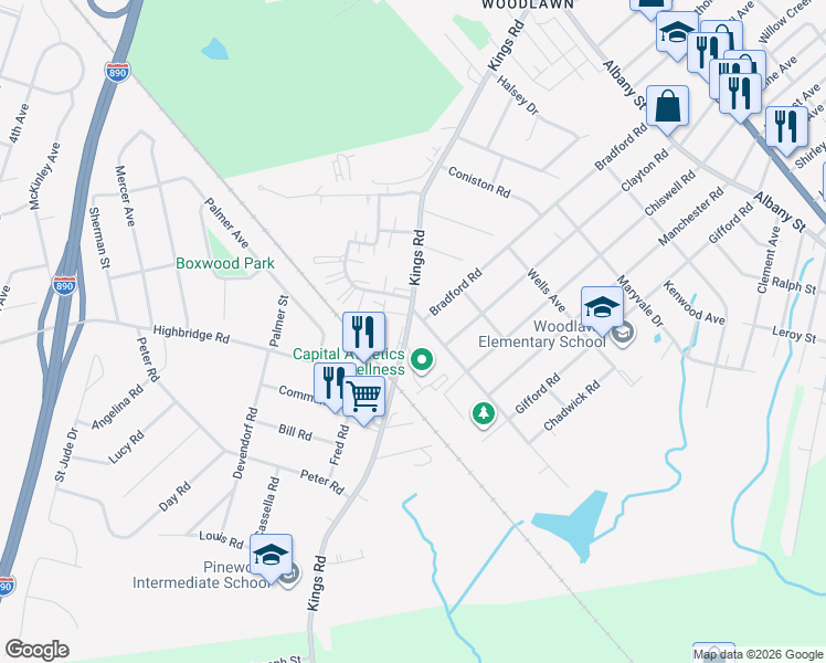 map of restaurants, bars, coffee shops, grocery stores, and more near 610 Kings Road in Schenectady