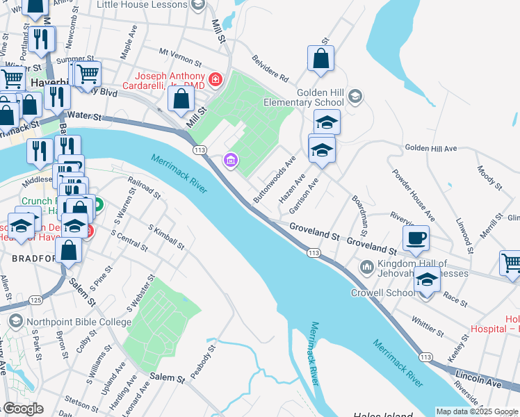 map of restaurants, bars, coffee shops, grocery stores, and more near 292 Water Street in Haverhill