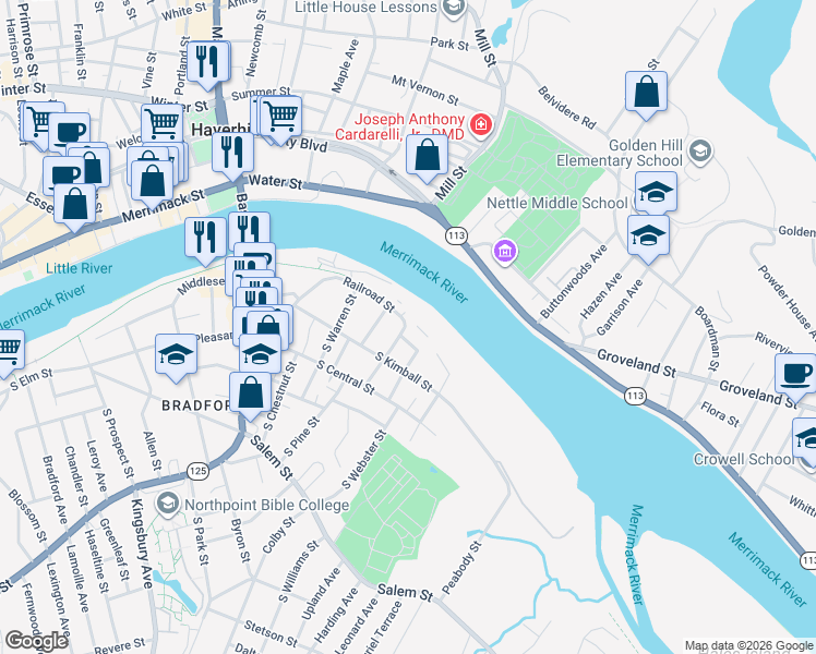map of restaurants, bars, coffee shops, grocery stores, and more near 1 South Grove Street in Haverhill