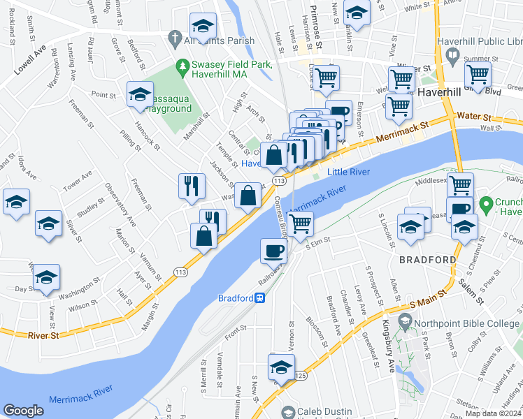 map of restaurants, bars, coffee shops, grocery stores, and more near in Haverhill