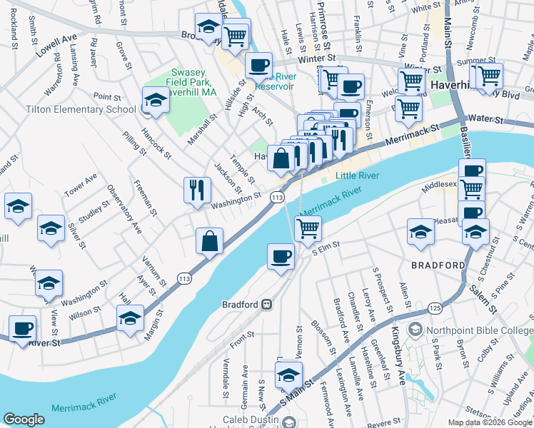 map of restaurants, bars, coffee shops, grocery stores, and more near in Haverhill