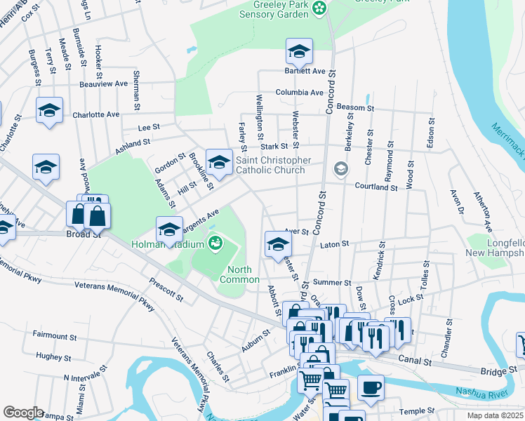 map of restaurants, bars, coffee shops, grocery stores, and more near 10 Hopkins Street in Nashua