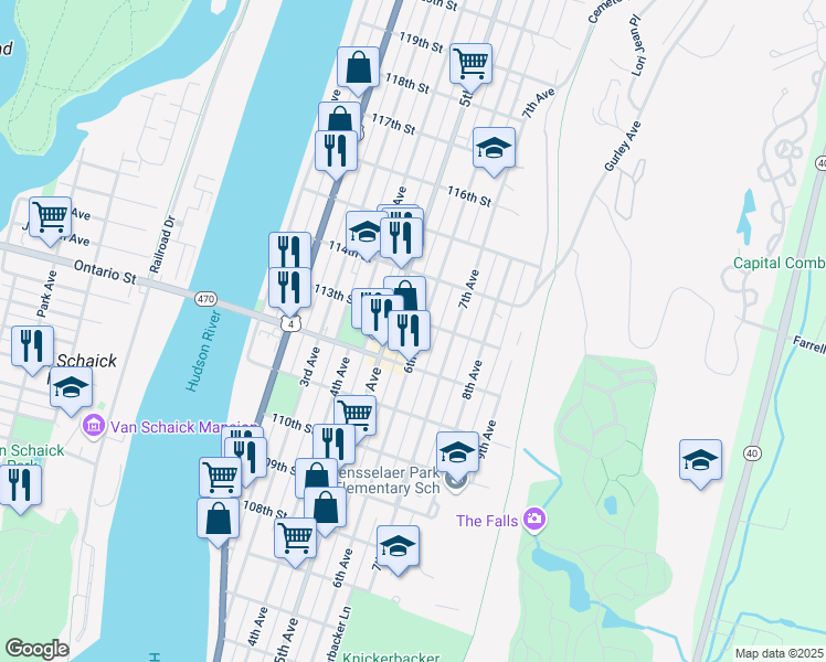 map of restaurants, bars, coffee shops, grocery stores, and more near 44 113th Street in Troy