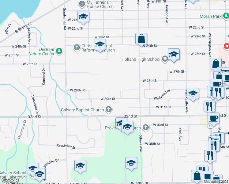 map of restaurants, bars, coffee shops, grocery stores, and more near 505 West 30th Street in Holland