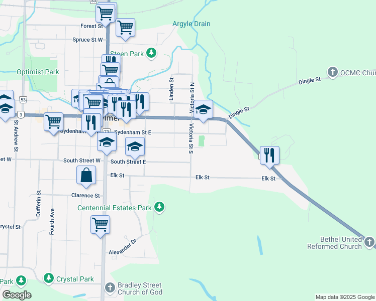 map of restaurants, bars, coffee shops, grocery stores, and more near 112 Pine Street East in Aylmer