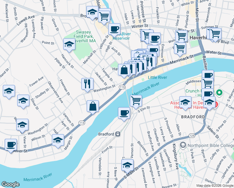 map of restaurants, bars, coffee shops, grocery stores, and more near in Haverhill