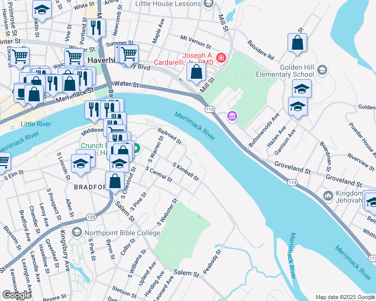 map of restaurants, bars, coffee shops, grocery stores, and more near 2 South Grove Street in Haverhill