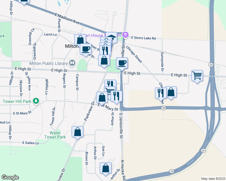 map of restaurants, bars, coffee shops, grocery stores, and more near 641 Mary Lane in Milton