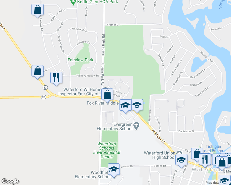 map of restaurants, bars, coffee shops, grocery stores, and more near 939 Spyglass Hill in Waterford
