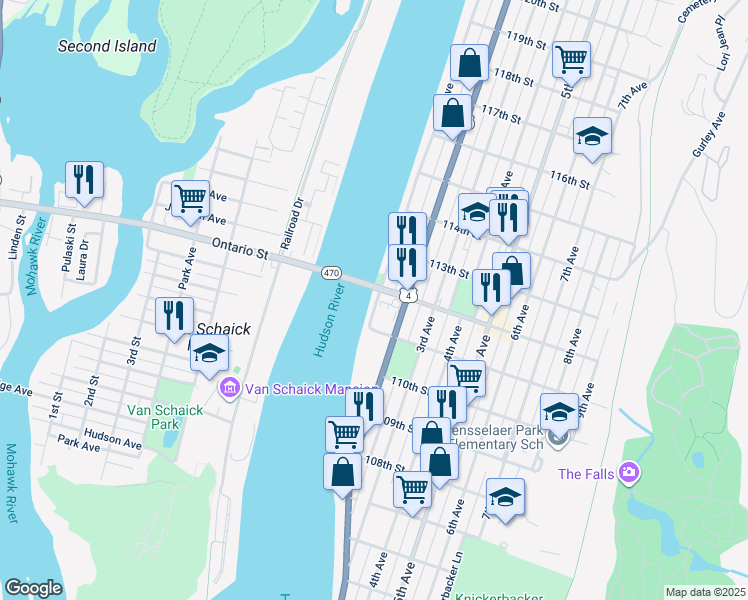 map of restaurants, bars, coffee shops, grocery stores, and more near 465 1st Avenue in Troy