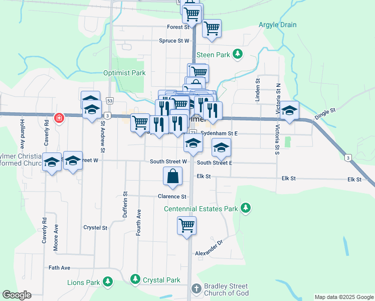 map of restaurants, bars, coffee shops, grocery stores, and more near 6 Pine Street West in Aylmer