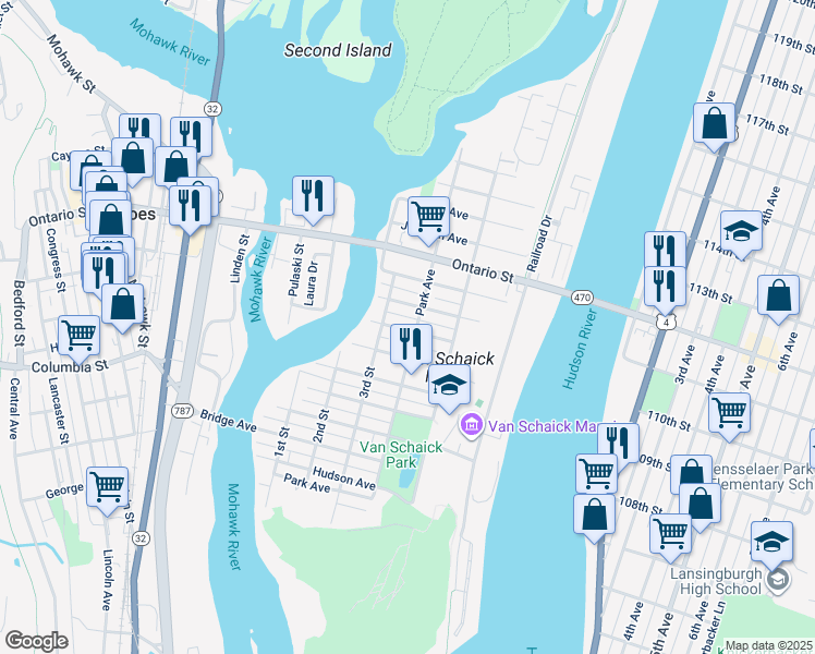 map of restaurants, bars, coffee shops, grocery stores, and more near 120 Park Avenue in Cohoes