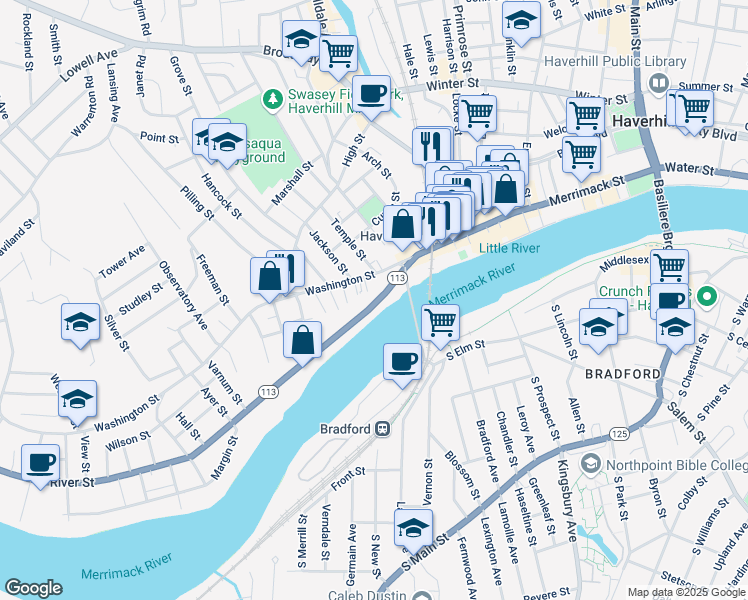 map of restaurants, bars, coffee shops, grocery stores, and more near in Haverhill