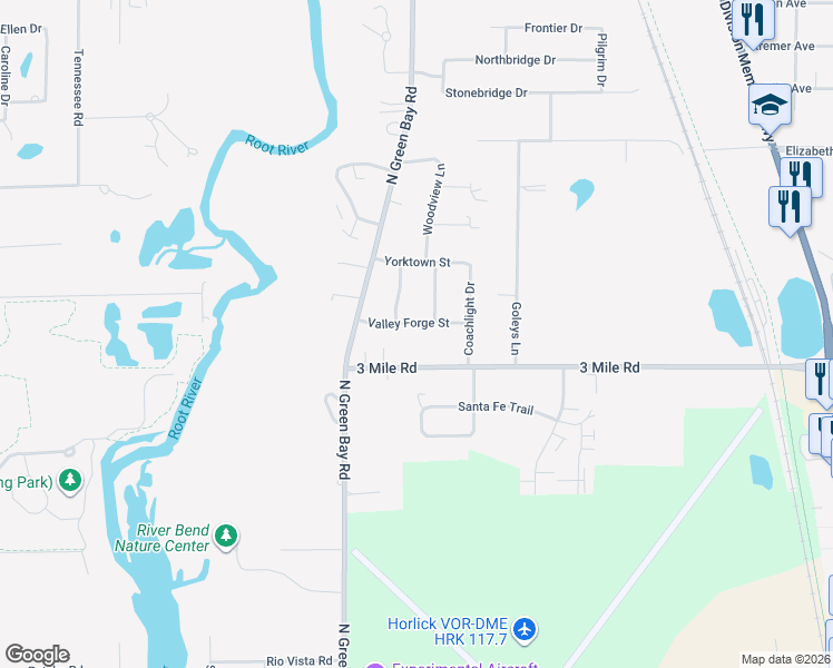 map of restaurants, bars, coffee shops, grocery stores, and more near 3129 Valley Forge Street in Racine