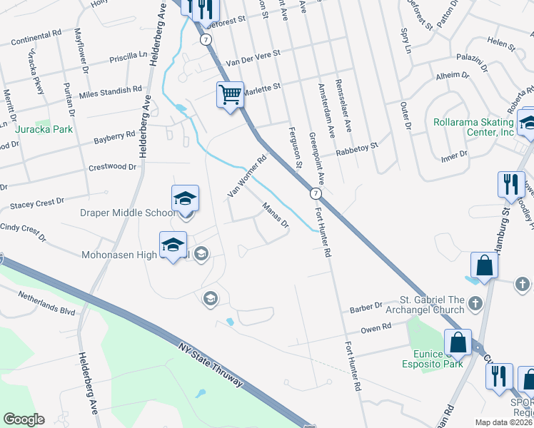 map of restaurants, bars, coffee shops, grocery stores, and more near 1001 Tollgate Lane in Schenectady