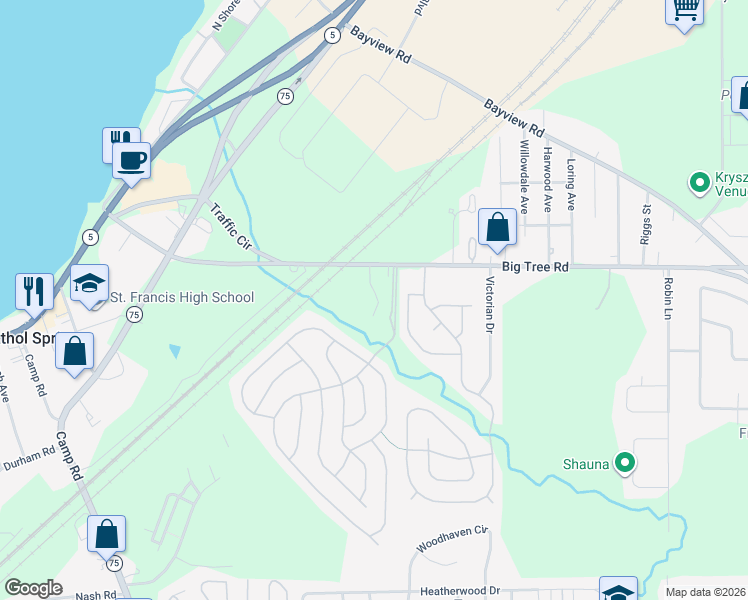 map of restaurants, bars, coffee shops, grocery stores, and more near 3581L 27 Big Tree Road in Hamburg