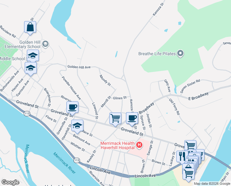 map of restaurants, bars, coffee shops, grocery stores, and more near 52 Merrill Street in Haverhill