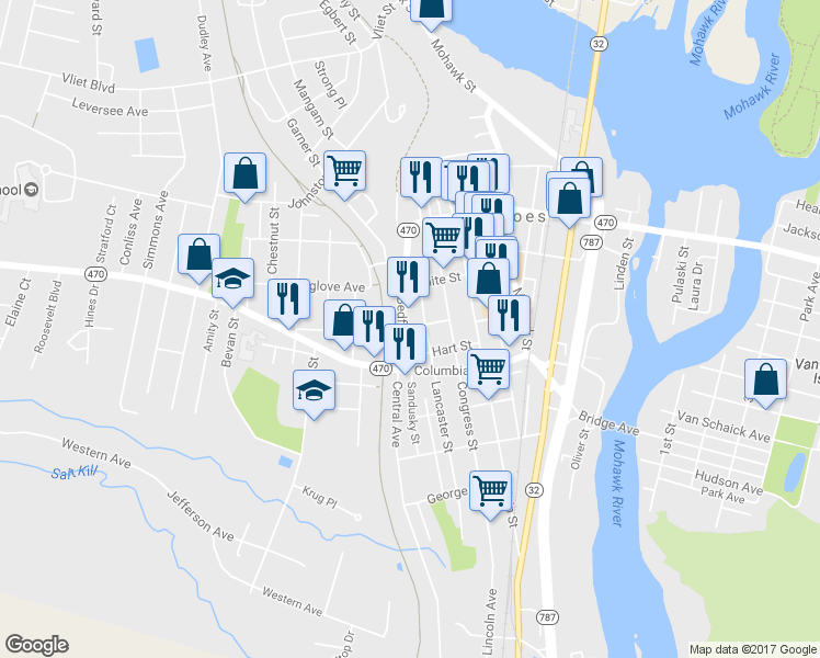 map of restaurants, bars, coffee shops, grocery stores, and more near 42 Bedford St in Cohoes