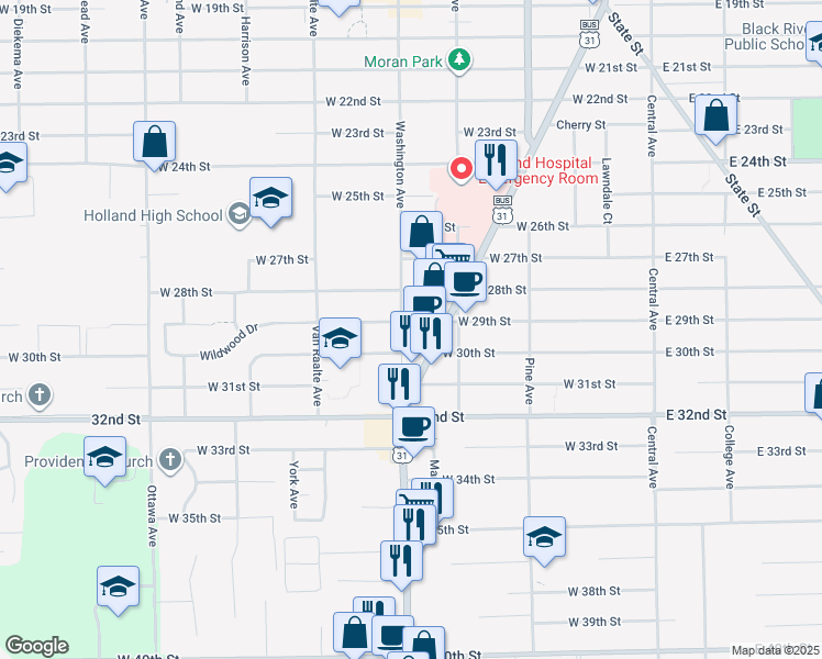 map of restaurants, bars, coffee shops, grocery stores, and more near 701 Washington Avenue in Holland