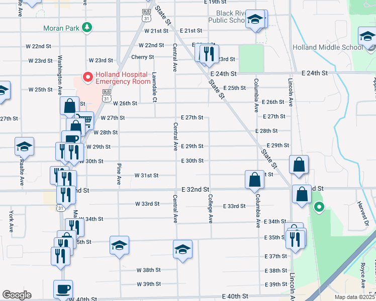 map of restaurants, bars, coffee shops, grocery stores, and more near 22 East 29th Street in Holland