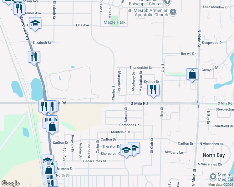 map of restaurants, bars, coffee shops, grocery stores, and more near 4032 Marquette Drive in Racine