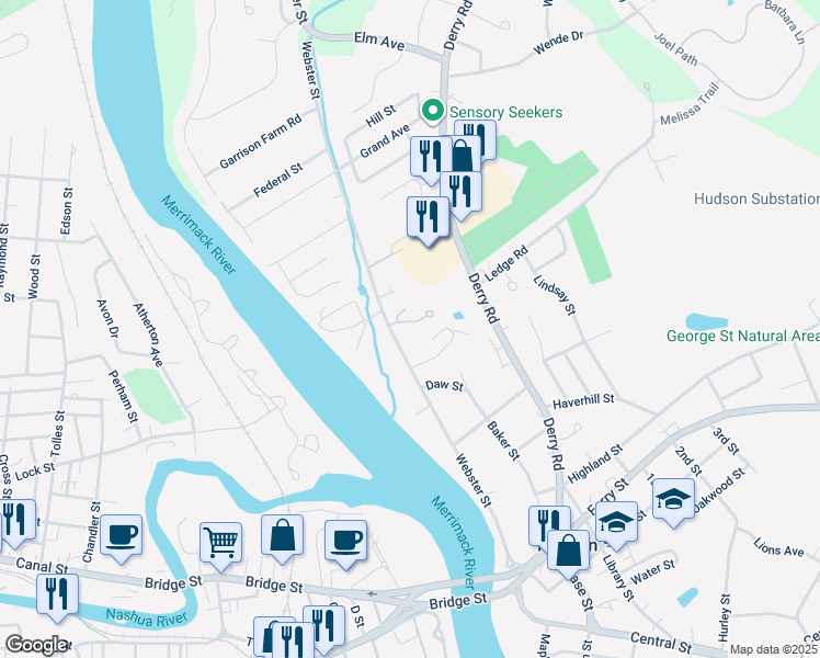 map of restaurants, bars, coffee shops, grocery stores, and more near 21 Willow Creek Drive in Hudson