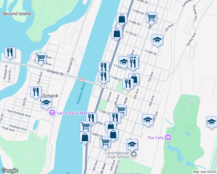 map of restaurants, bars, coffee shops, grocery stores, and more near 11 112th Street in Troy