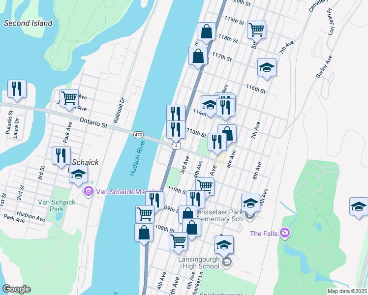 map of restaurants, bars, coffee shops, grocery stores, and more near 11 112th Street in Troy