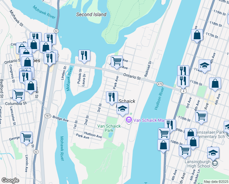 map of restaurants, bars, coffee shops, grocery stores, and more near 120 Park Avenue in Cohoes