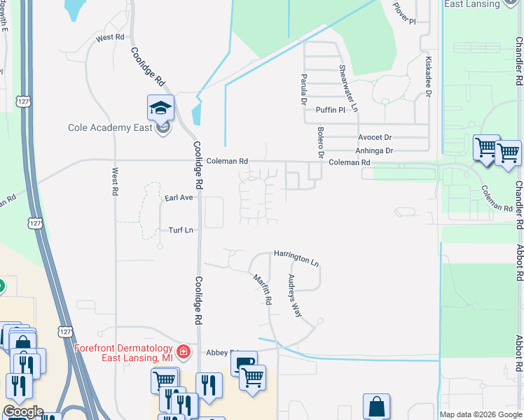 map of restaurants, bars, coffee shops, grocery stores, and more near 3268 Hamlet Circle in East Lansing