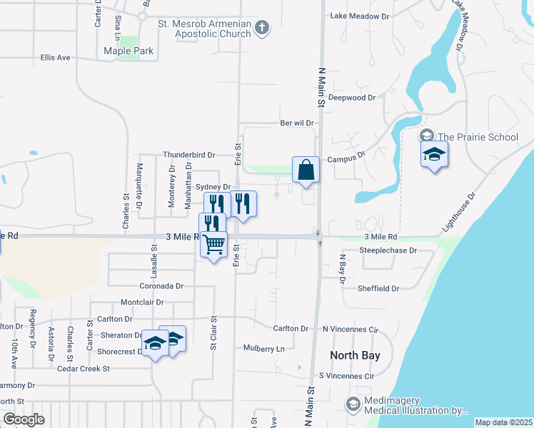 map of restaurants, bars, coffee shops, grocery stores, and more near 420 3 Mile Rd in Racine