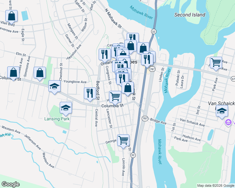 map of restaurants, bars, coffee shops, grocery stores, and more near 63 Main Street in Cohoes