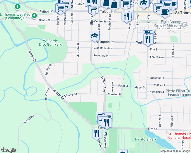 map of restaurants, bars, coffee shops, grocery stores, and more near 10 Regent Street in St. Thomas