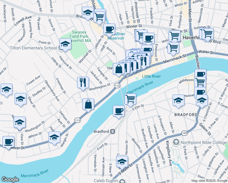 map of restaurants, bars, coffee shops, grocery stores, and more near 70 River Street in Haverhill