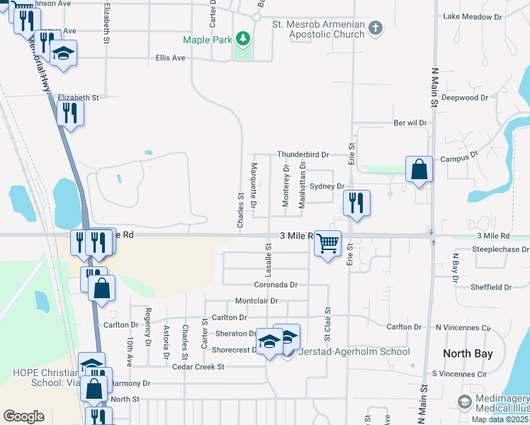 map of restaurants, bars, coffee shops, grocery stores, and more near 1000 Mayfair Drive in Racine
