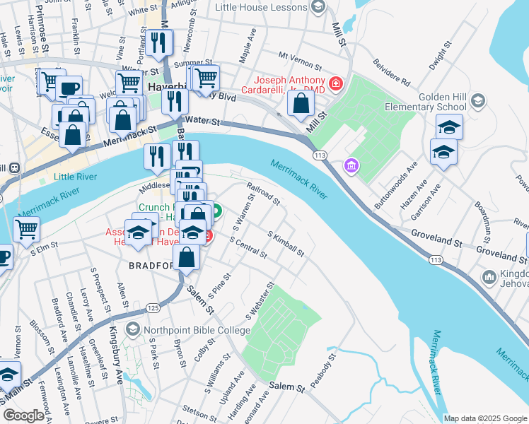 map of restaurants, bars, coffee shops, grocery stores, and more near 11 South Charles Street in Haverhill