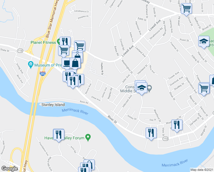 map of restaurants, bars, coffee shops, grocery stores, and more near 31 James Ave in Haverhill