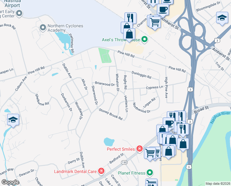map of restaurants, bars, coffee shops, grocery stores, and more near 27 Wheaton Drive in Nashua