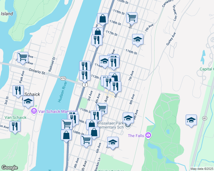 map of restaurants, bars, coffee shops, grocery stores, and more near 491 East Park Place in Troy